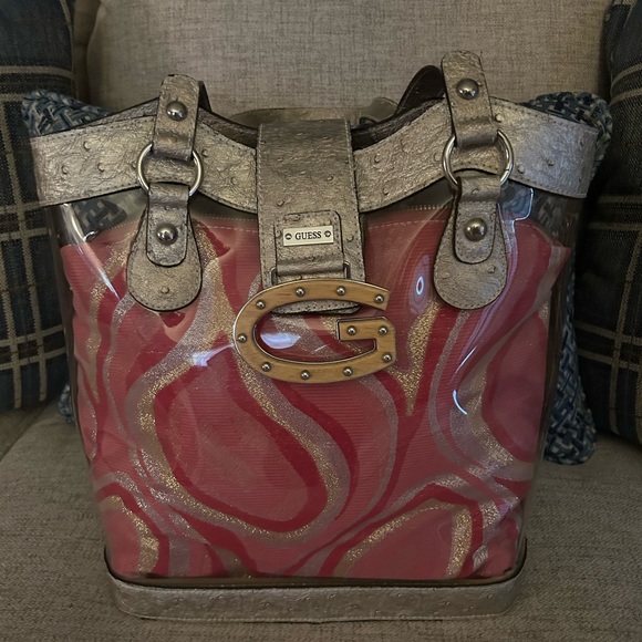 New without tags GUESS clear tote bag with removable pink insert-real ostrich - Picture 7 of 8